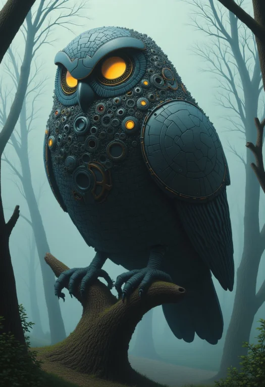 A Massive Mechanical Owl With Intricate Gears And Glowing Ey...