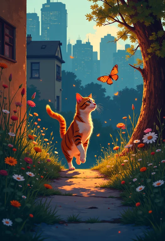 A Cat Chasing A Butterfly Through A Suburban Garden, Colorfu...