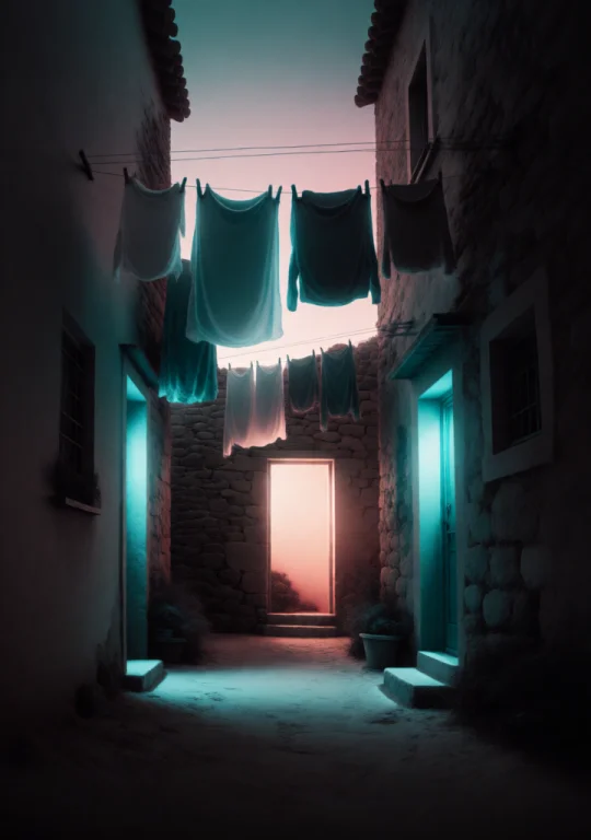 A Narrow Alley Between Old Stone Houses With Laundry Hanging...