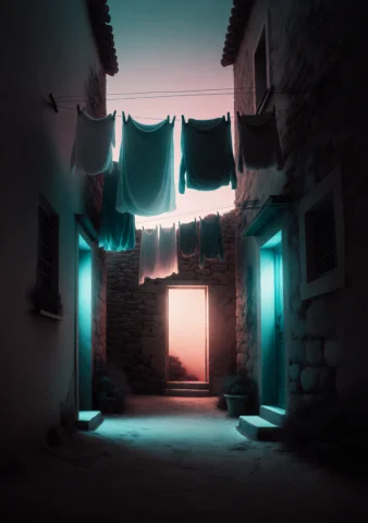 A Narrow Alley Between Old Stone Houses With Laundry Hanging... — Stable Diffusion AI Prompt: a narrow alley between old stone houses with laundry hanging overhead and one op...