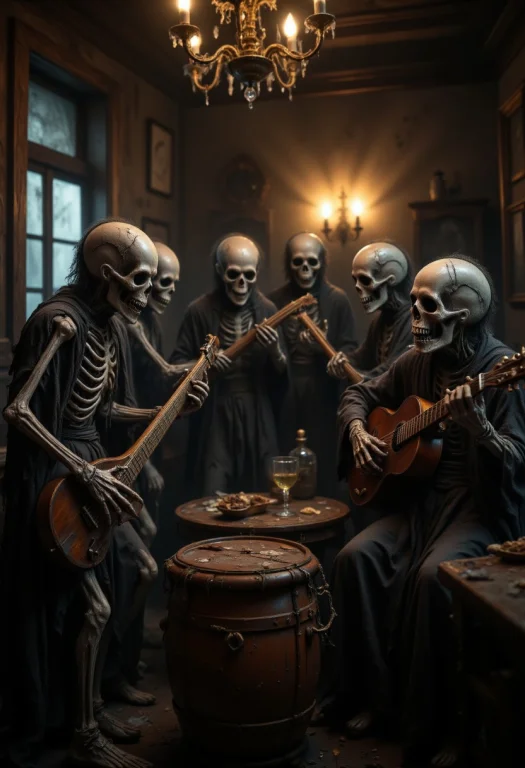 A Group Of Skeletons Playing Musical Instruments In A Haunte...