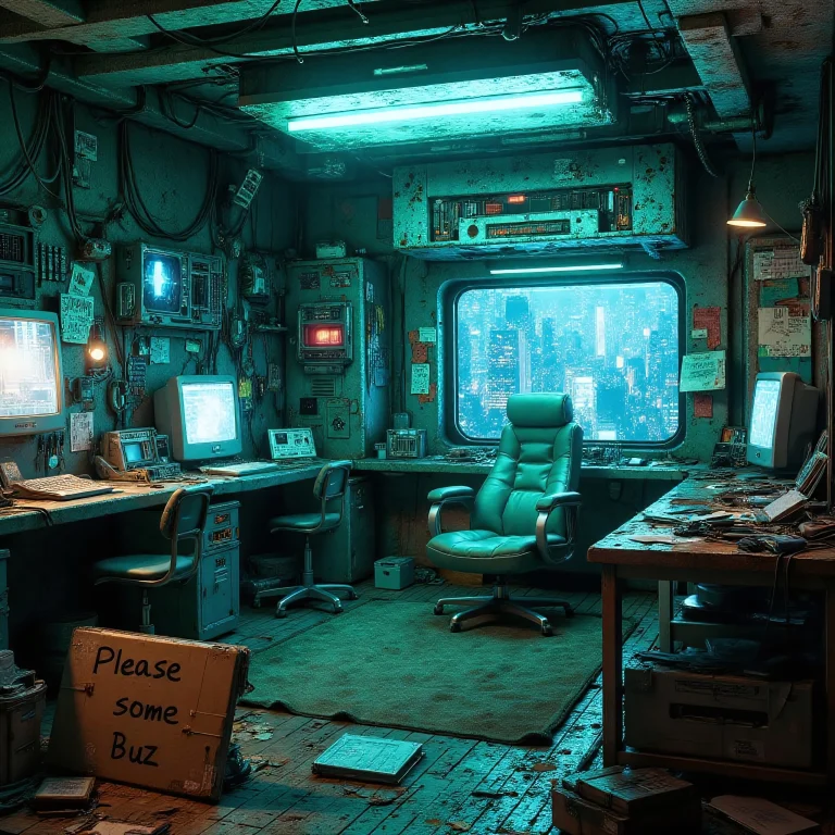 Futuristic Setting. Inside A Messy Cyber-room Is A Green Emp...