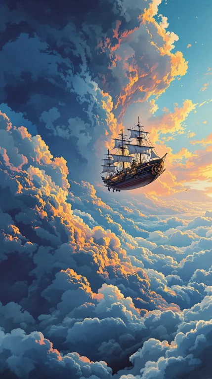 A Steampunk Airship Sailing Over Volcanic Clouds, Painted In...