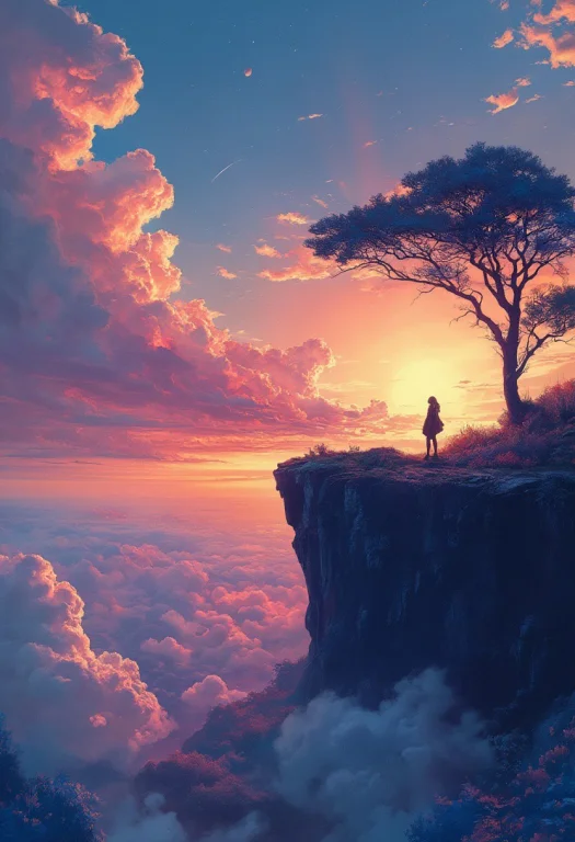 Digital Art, Landscape, Sunset, Clouds, Sky, Tree, Lone Figu...