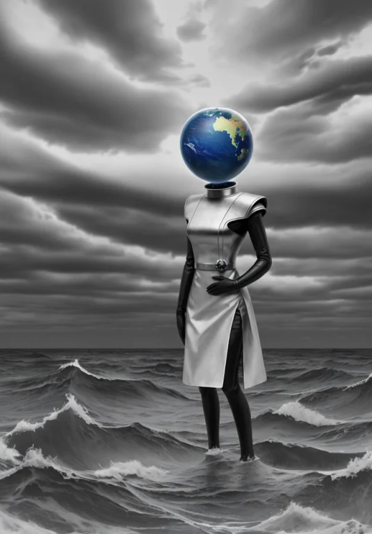 Pop Surrealist, A Woman Standing In The Middle Of The Ocean,...