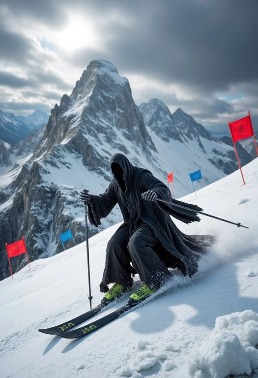 A Lone Nazgl Skiing Down A Steep, Snowy Slope, Its Dark, Tat...