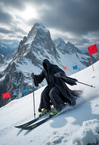 A Lone Nazgl Skiing Down A Steep, Snowy Slope, Its Dark, Tat... — FLUX AI Prompt: A lone Nazgûl skiing down a steep, snowy slope, its dark, tattered cloak trailin...