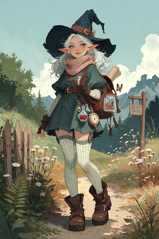 A Full-body Medium Shot Of A Young Elf Girl Wizard Standing...