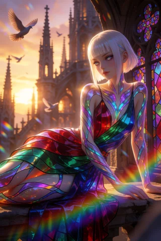Cinematic Gargoyle Beauty Render — Stable Diffusion AI Prompt: Beauty, solo, stained glass gargoyle spirit, pale translucent colored skin, glow...