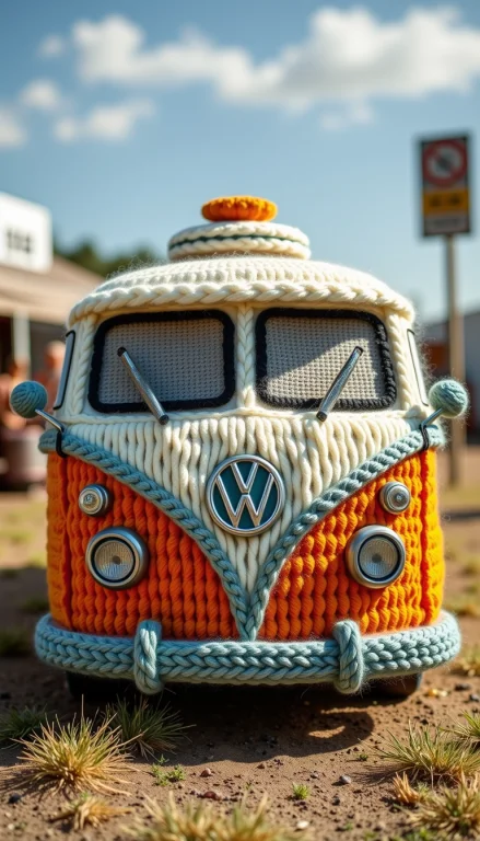 Made Out Of Wool A A Retro Volkswagen Bus Parked At A Music...
