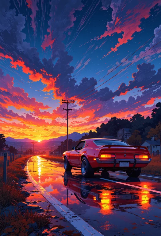 A Glowing Red Muscle Car Driving Fast Down A Country Road On...