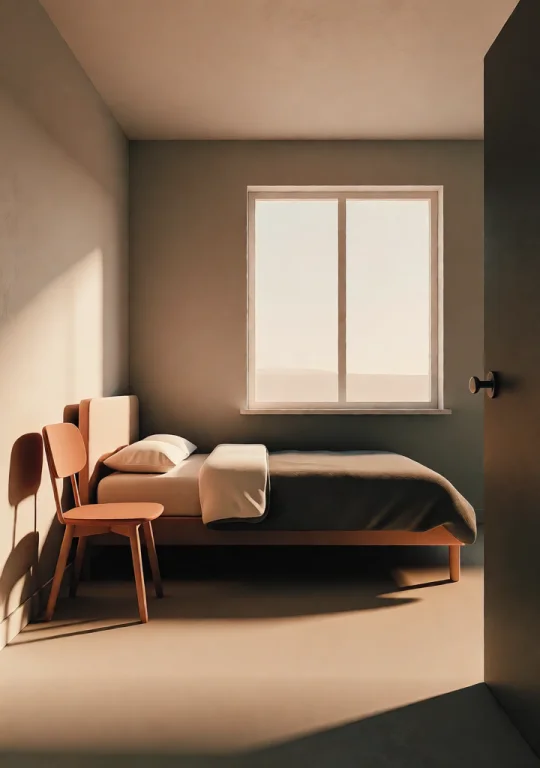 A Minimalist Bedroom With A Simple Bed And A Single Chair Ne...