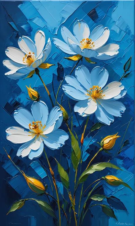 Flowers, Blue Background, Oil Painting, Rough Stroke, Line G...