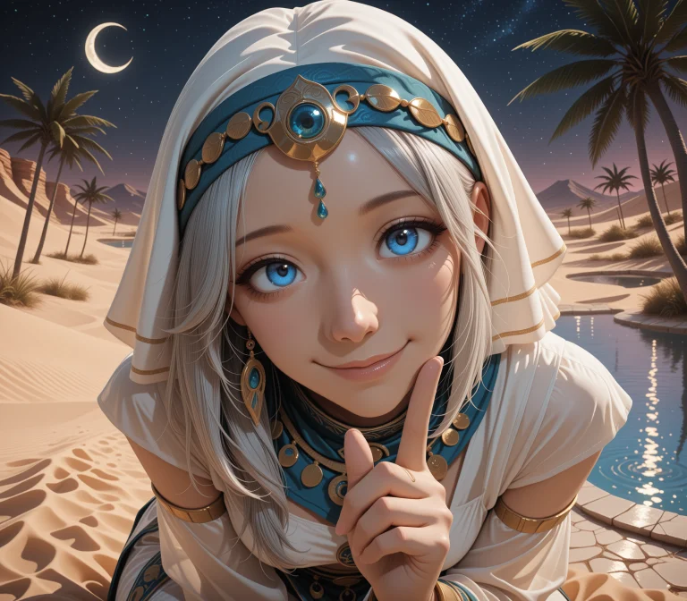 1girl, Solo, Female Human, Grey Hair, Sapphire Eyes, Arabian...