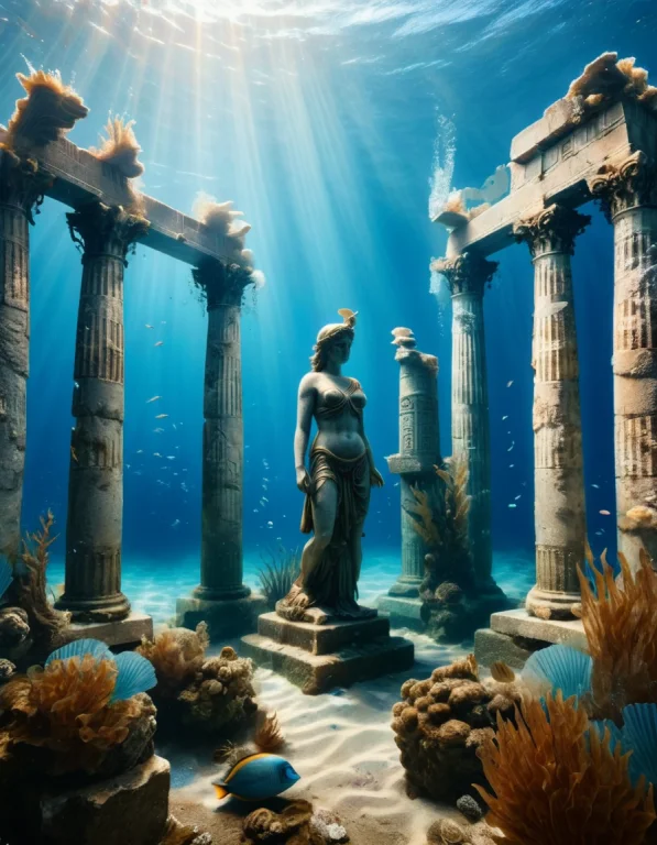 Underwater Greek Temple Entrance With Athena Statute, Looks...