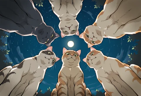 Masterpiece, Best Quality, Newest, From Below, Circle Format... — Stable Diffusion AI Prompt: masterpiece, best quality, newest, from below, circle formation, multiple cat, n...