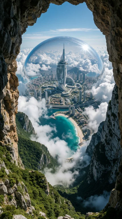 Dramatic View Through A Rugged Green Mountain Rock Portal, F...