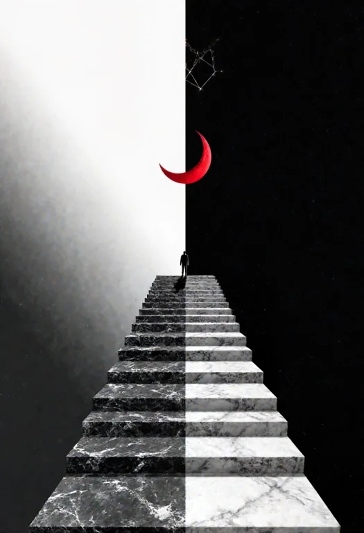 Minimal Surreal Landscape A Narrow Staircase Ascends Endless...