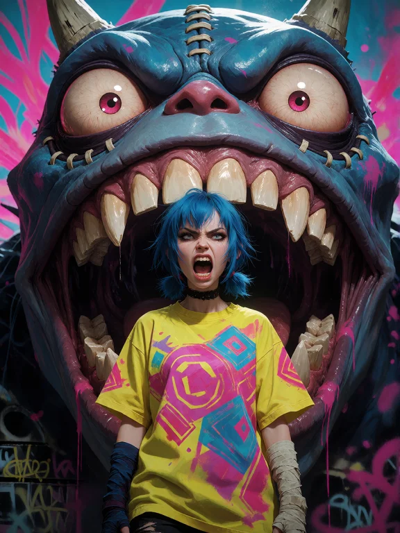 Illustration, 1girl, Short Blue Hair, Spiky Pigtails, Angry...