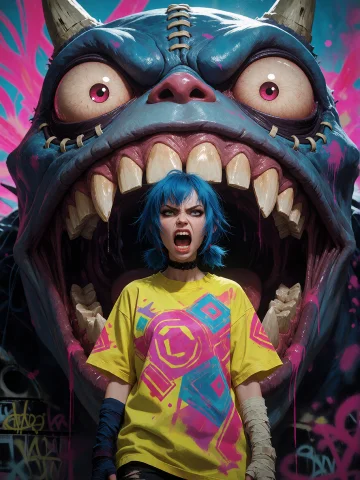 Illustration, 1girl, Short Blue Hair, Spiky Pigtails, Angry... — Stable Diffusion AI Prompt: illustration, 1girl, short blue hair, spiky pigtails, angry expression, screamin...