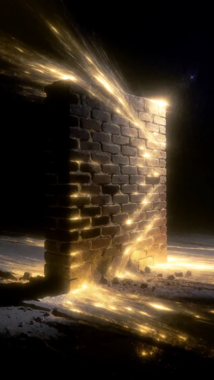 A Brick Wall Stands Alone At A Crossroads, With Gold Light S...