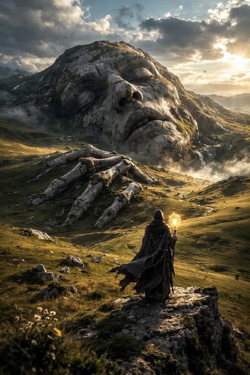 A Lone Hooded Wizard Stands At The Edge Of A Vast Rolling Me...