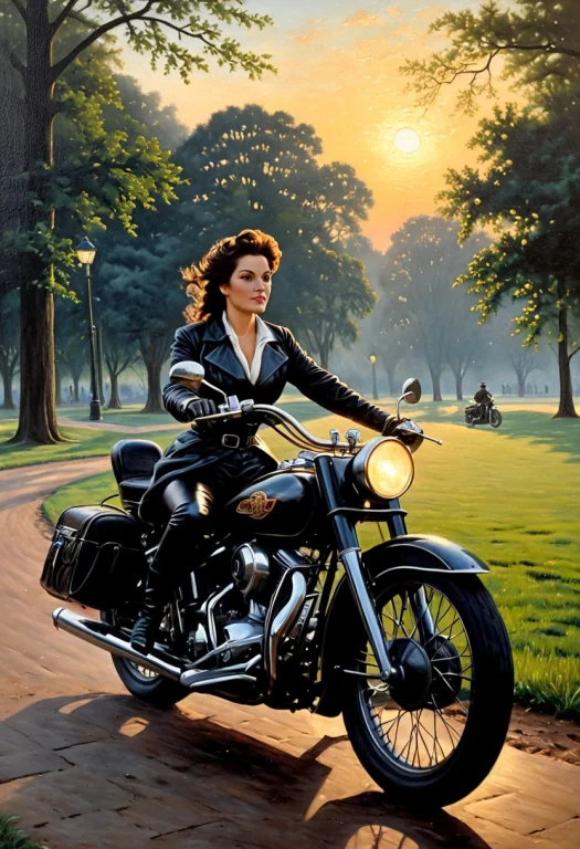 Oil On Canvas Painting Of 19th Century Lady Riding On Motorc...