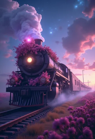Hyperrealistic Train Detailed With Blooming Flowers, Etherea... — FLUX AI Prompt: Hyperrealistic train detailed with blooming flowers, ethereal cloud animals with...