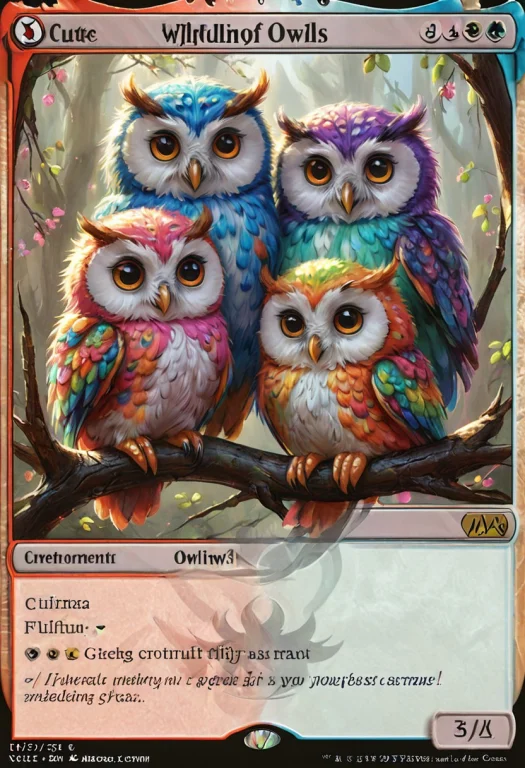 Mtg Card 3 Cute Colorful Fluffy Owls Sitting On A Branch Adv...
