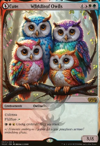 Mtg Card 3 Cute Colorful Fluffy Owls Sitting On A Branch Adv... — SDXL AI Prompt: mtg card 3 cute colorful fluffy owls sitting on a branch advntr mtg
