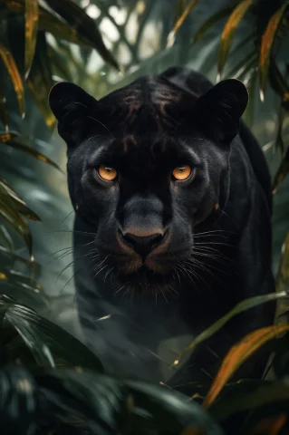 A Fierce Black Panther With Glowing Amber Eyes Emerging From... — Stable Diffusion AI Prompt: A fierce black panther with glowing amber eyes emerging from dense jungle mist,...