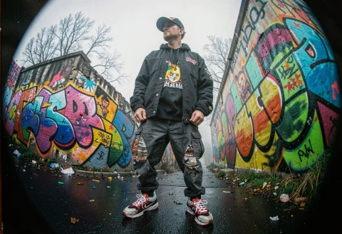 A Bold Streetwear Look Against Graffiti Walls, Film Photogra... — Stable Diffusion AI Prompt: a bold streetwear look against graffiti walls, film photography, low key lightin...