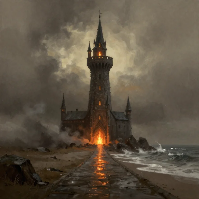 A Wizards Tower Rising From A Stormy Coast, Digital Painting...