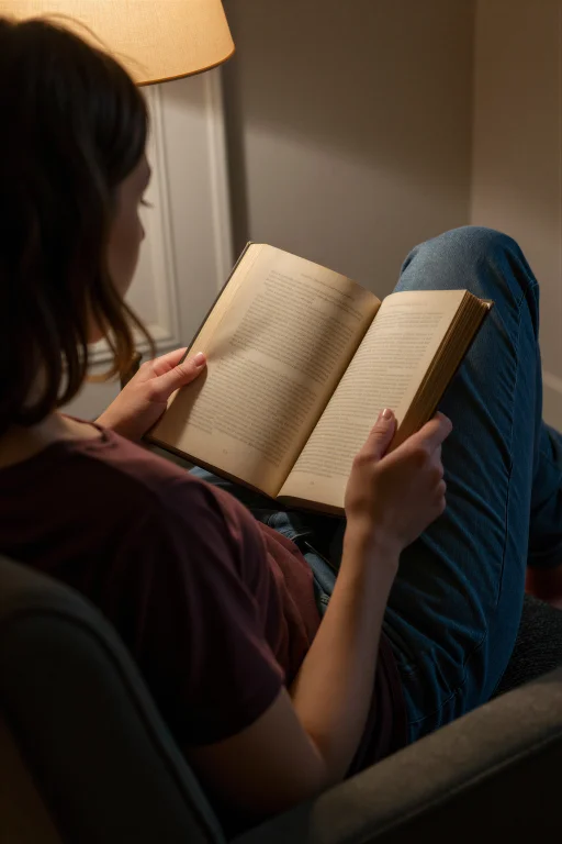 A Woman Sits Curled In An Armchair Reading A Worn Paperback...