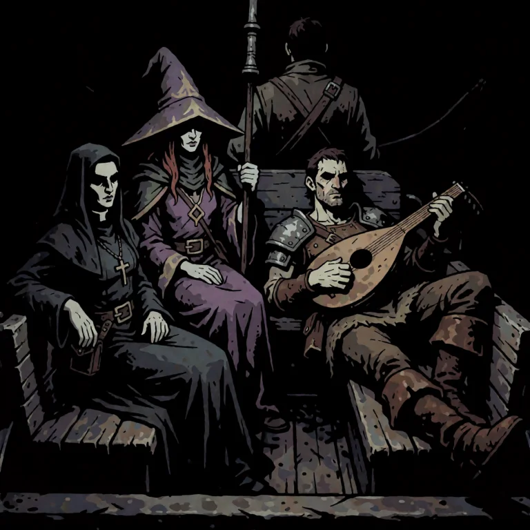 Three Adventurers Riding In A Wagon. Among Them Are A Female...