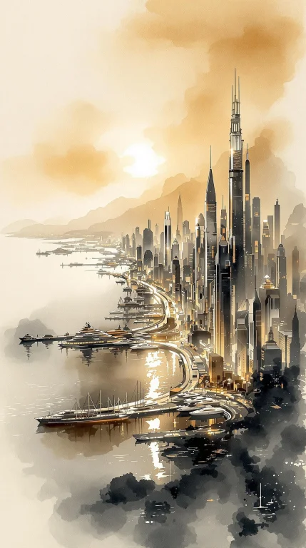 A Sweeping Coastal Cityscape Unfurls Across Delicate Rice Pa...