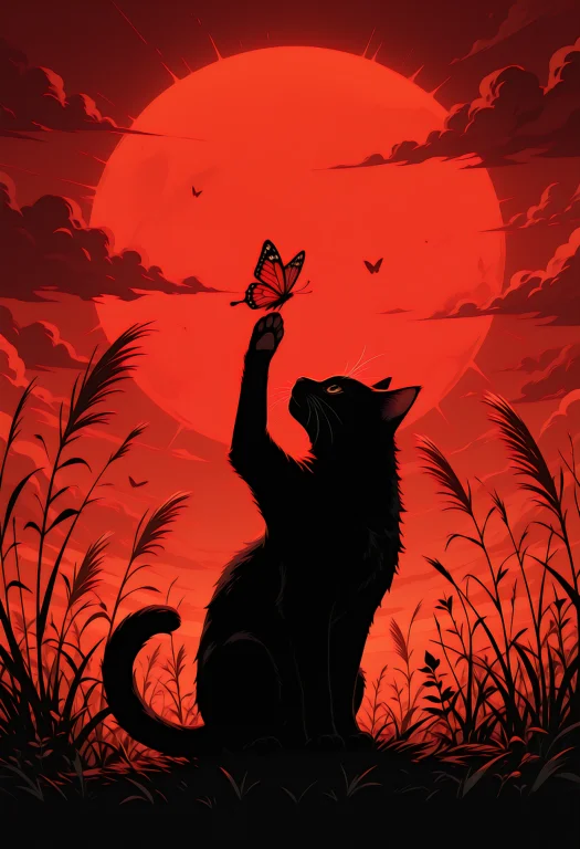 Illustration Of A Black Cat,silhouetted Against A Vibrant Re...