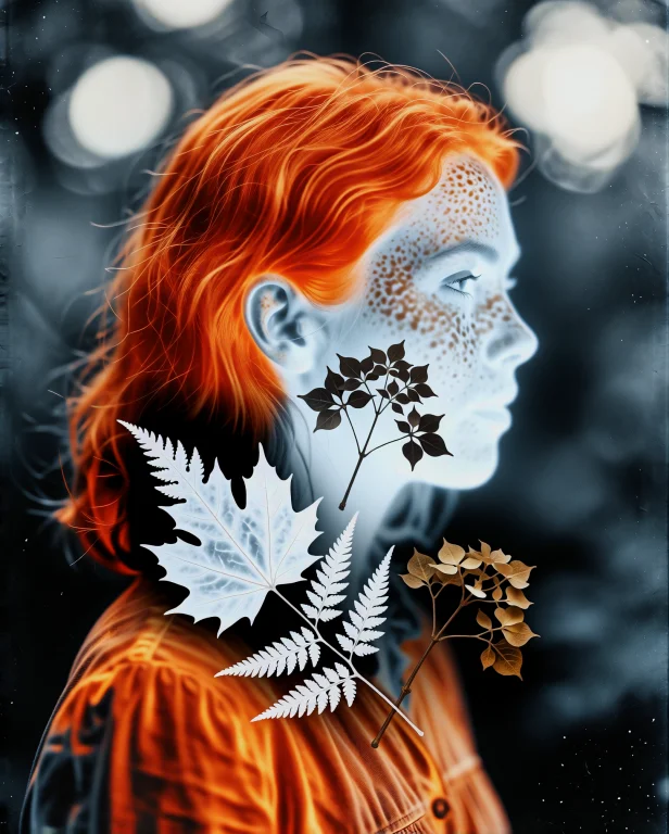 A Ginger Womans Profile Is A White Ghost On Prussian-blue Cl...