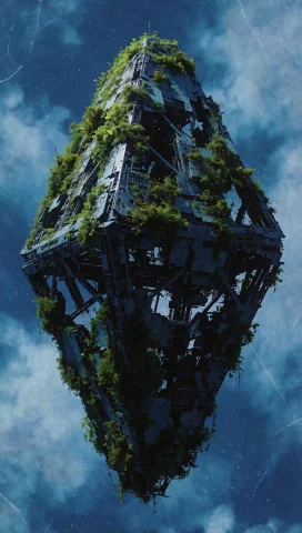119. Decaying Space Colony Fragment, Floating Geometric Hull... — Stable Diffusion AI Prompt: 119. Decaying space colony fragment, floating geometric hull, overgrown biolumin...