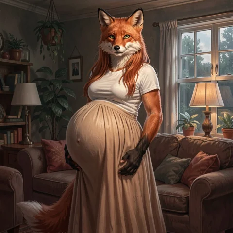 Furry Art, Matte Painting Heavily Pregnant Fox, Posing Dark... — FLUX AI Prompt: Furry Art, Matte Painting: Heavily pregnant fox, posing dark cozy living room, w...