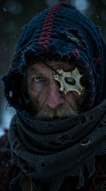 Extreme Close-up Of A Weathered Older Man With Striking Pale...