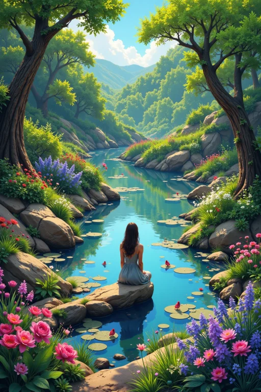 Pond Beautiful Landscape, Day, Woman, Very Intricate, Very D...