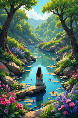 Pond Beautiful Landscape, Day, Woman, Very Intricate, Very D... — Stable Diffusion AI Prompt: pond beautiful landscape, day, woman, very intricate, very detailed, sharp, brig...