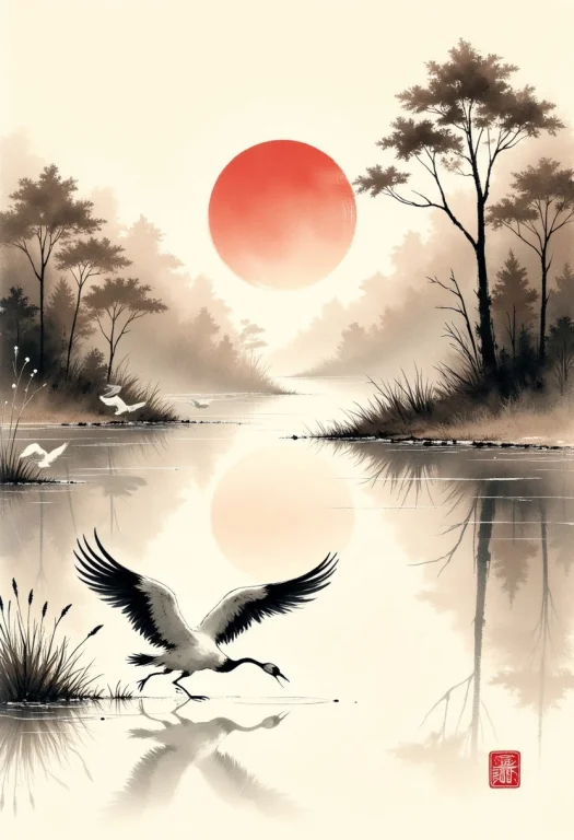 Traditional Japanese Art Style, Ink On Paper, Wabi-sabi, Hen...