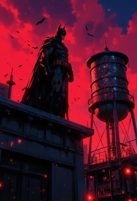 Batman Is Positioned Prominently On A Building Rooftop, Look...