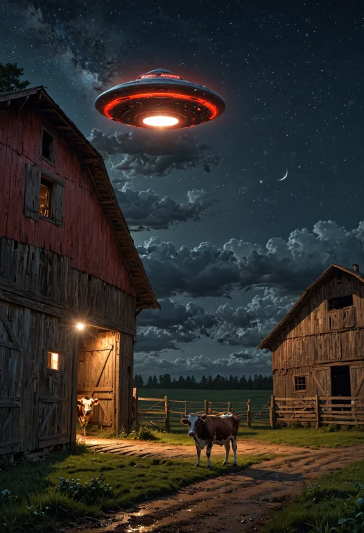 In The Enigmatic Night Setting, A Sleek, Metallic Ufo Resemb...
