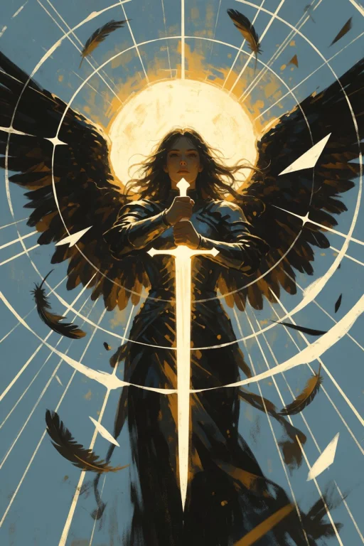 The Image Depicts A Powerful, Angelic Figure With Dark, Feat...