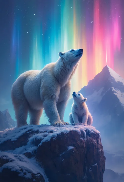 A Closeup Of A Majestic Polar Bear And Its Cub Standing On T...