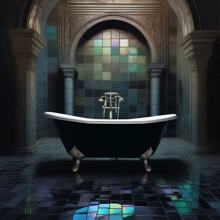 A Bathtub Of Black Water In A Tiled Ruin, Raw Photo, Iridesc...