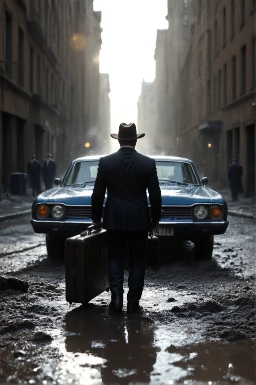 A Man In A Dark Suit And Hat Stands On A Muddy Street, Holdi...
